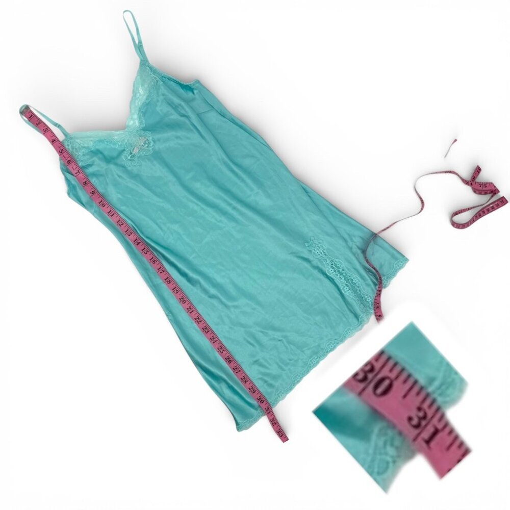 Vintage Y2K Victorias Secret Turquoise Blue Lace Trim Slip Dress Satin Nightgown - Picture 10 of 11